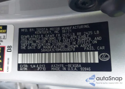 2021 Lexus Es 300H z USA, uszkodzony, nr VIN 58ADA1C19MU009078